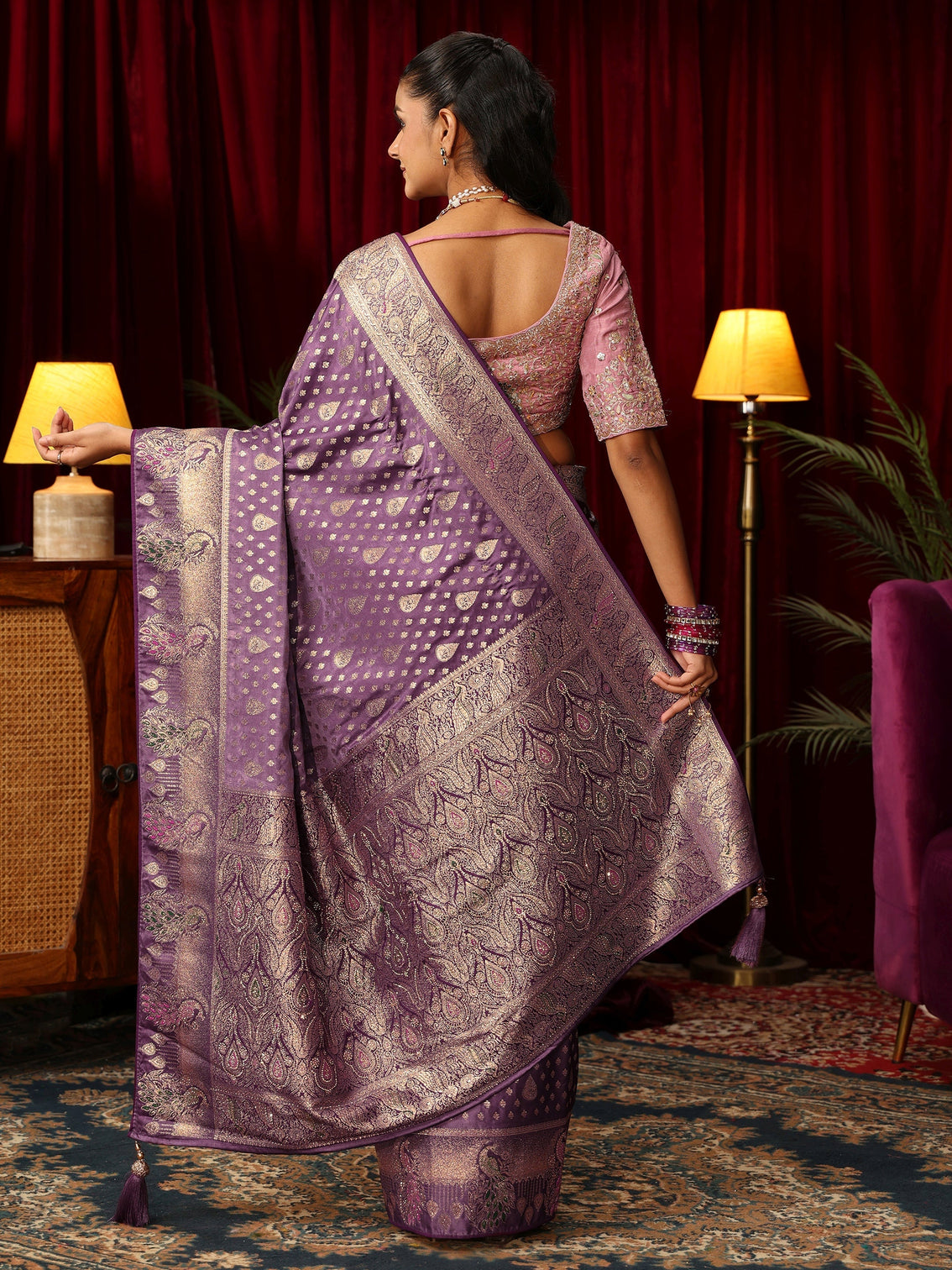 Mameraa Royal Purple Woven Design Silk Blend Saree with Stone Work