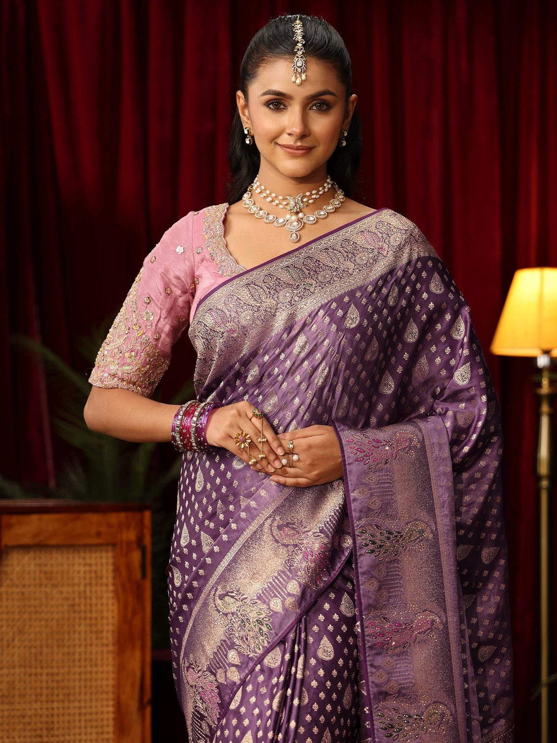 Mameraa Royal Purple Woven Design Silk Blend Saree with Stone Work