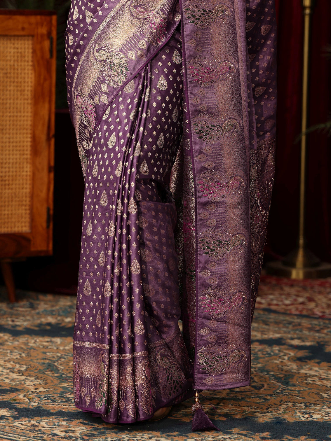 Mameraa Royal Purple Woven Design Silk Blend Saree with Stone Work