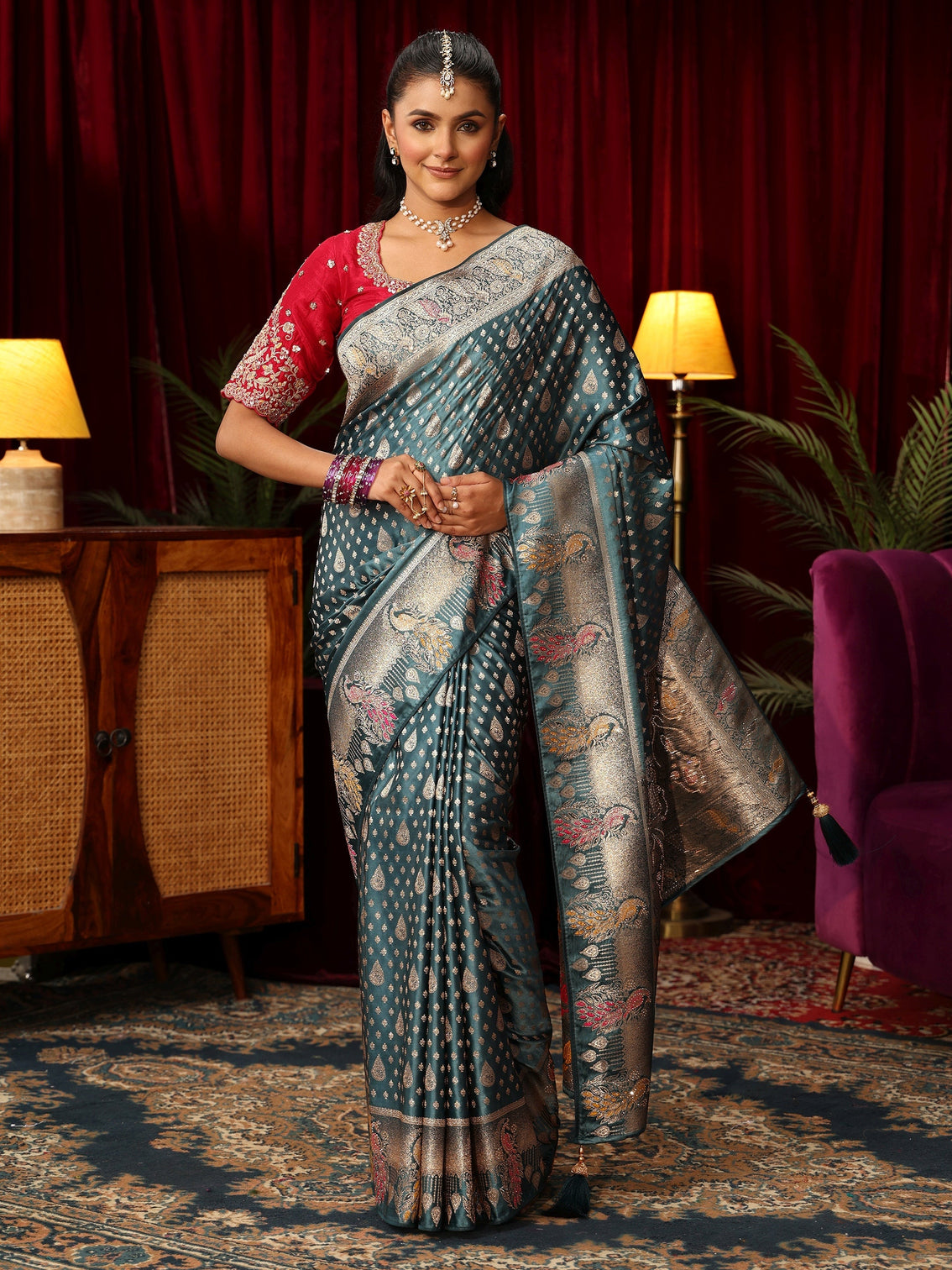 Mameraa Dusty Blue Woven Design Silk Blend Saree with Stone Work