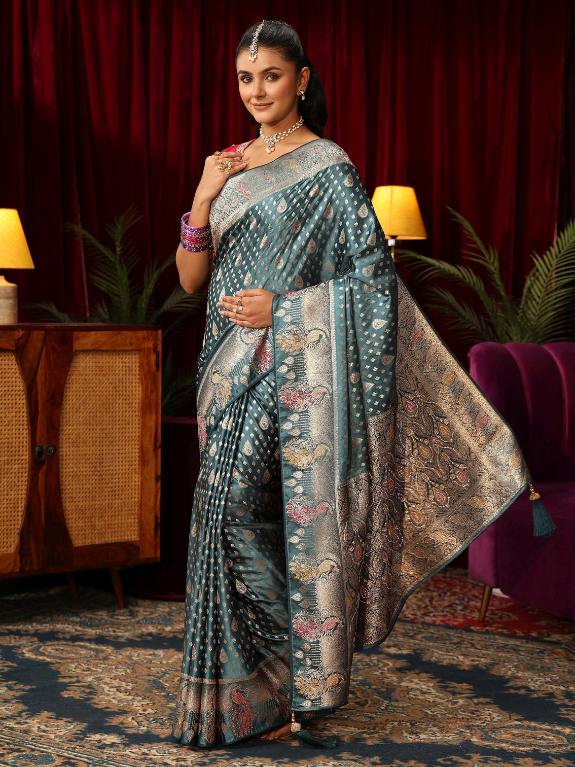 Mameraa Dusty Blue Woven Design Silk Blend Saree with Stone Work