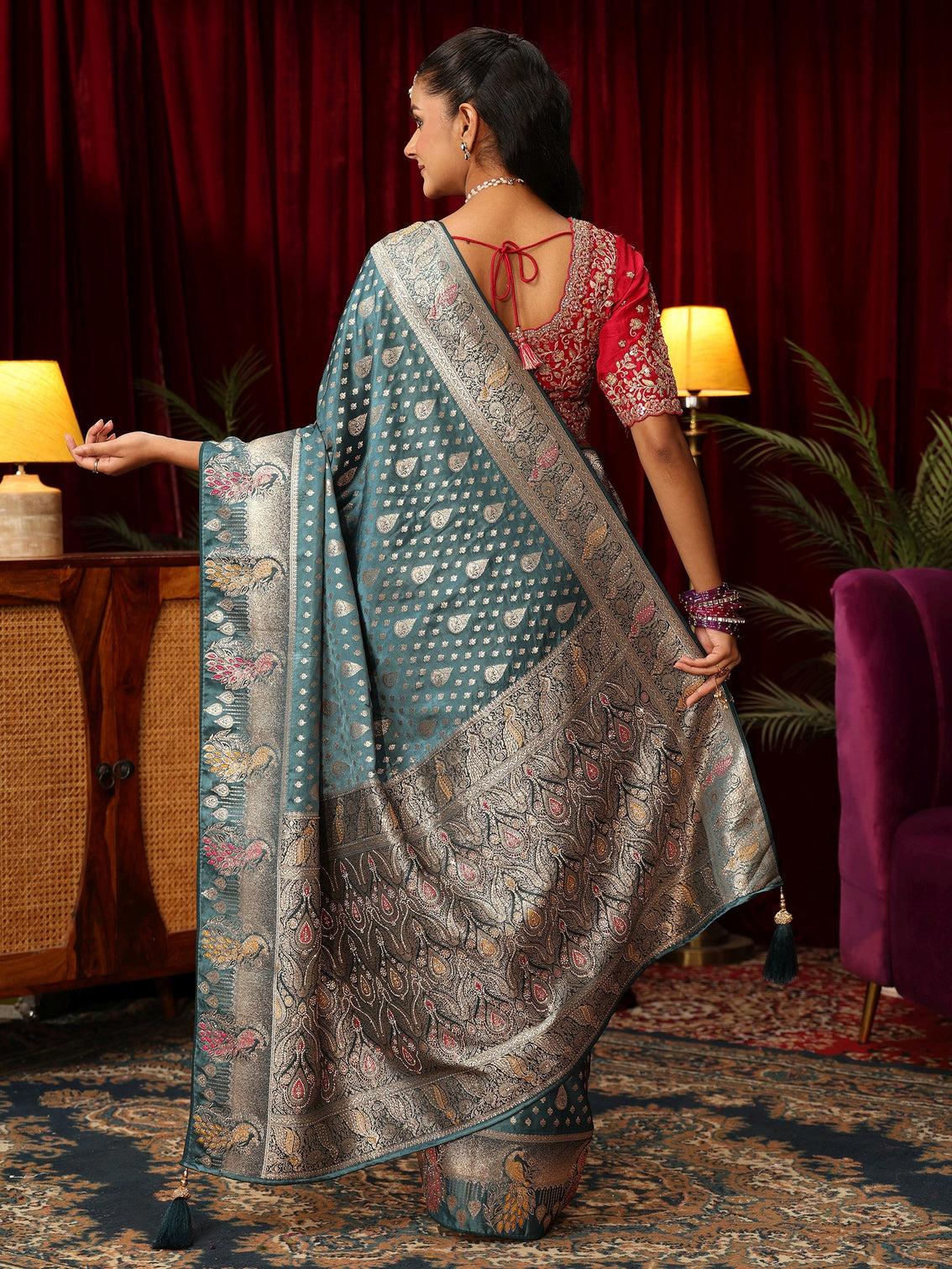 Mameraa Dusty Blue Woven Design Silk Blend Saree with Stone Work