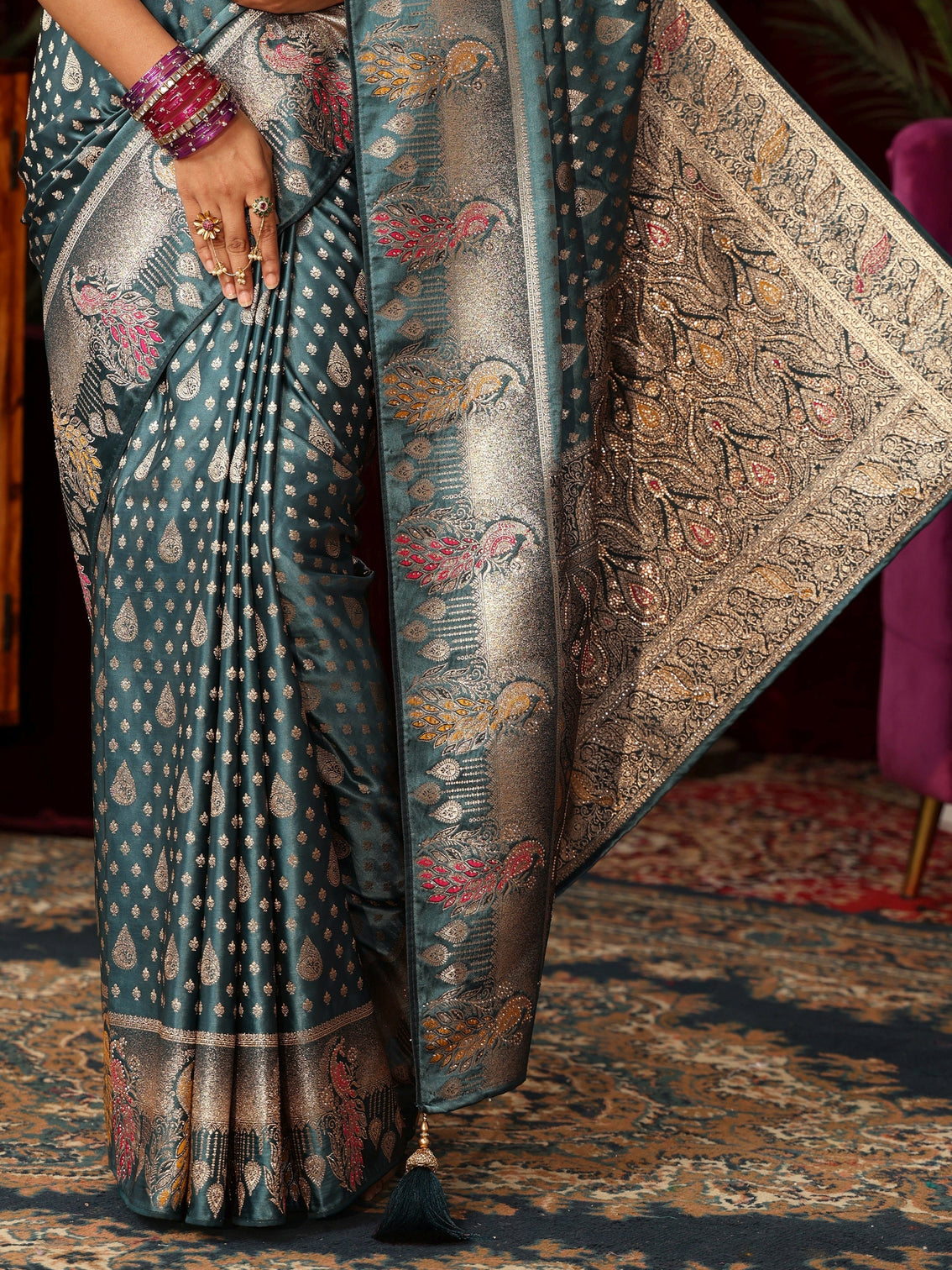 Mameraa Dusty Blue Woven Design Silk Blend Saree with Stone Work