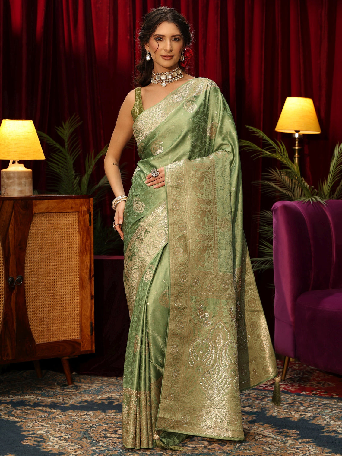 Mameraa Sage Green Woven Design Silk Blend Saree