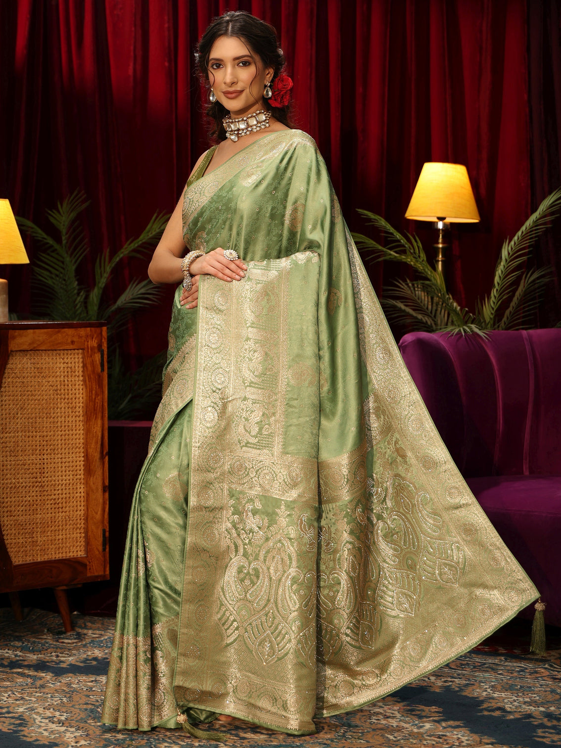 Mameraa Sage Green Woven Design Silk Blend Saree