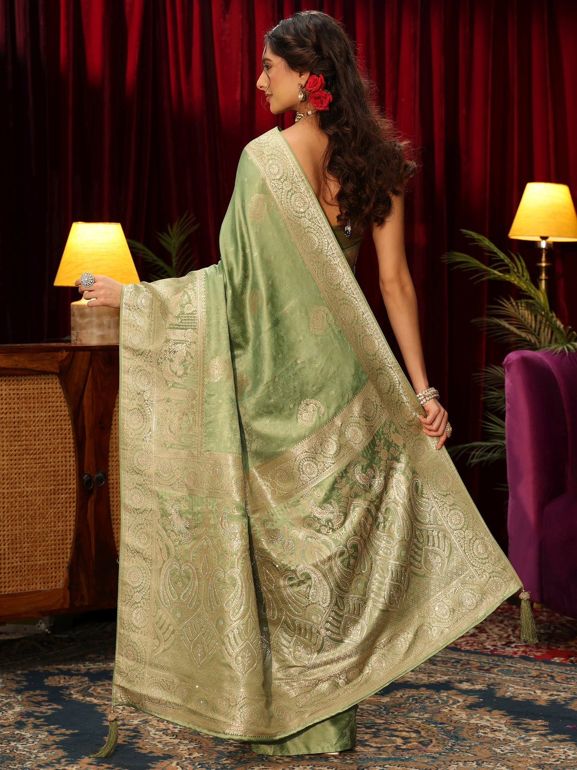 Mameraa Sage Green Woven Design Silk Blend Saree