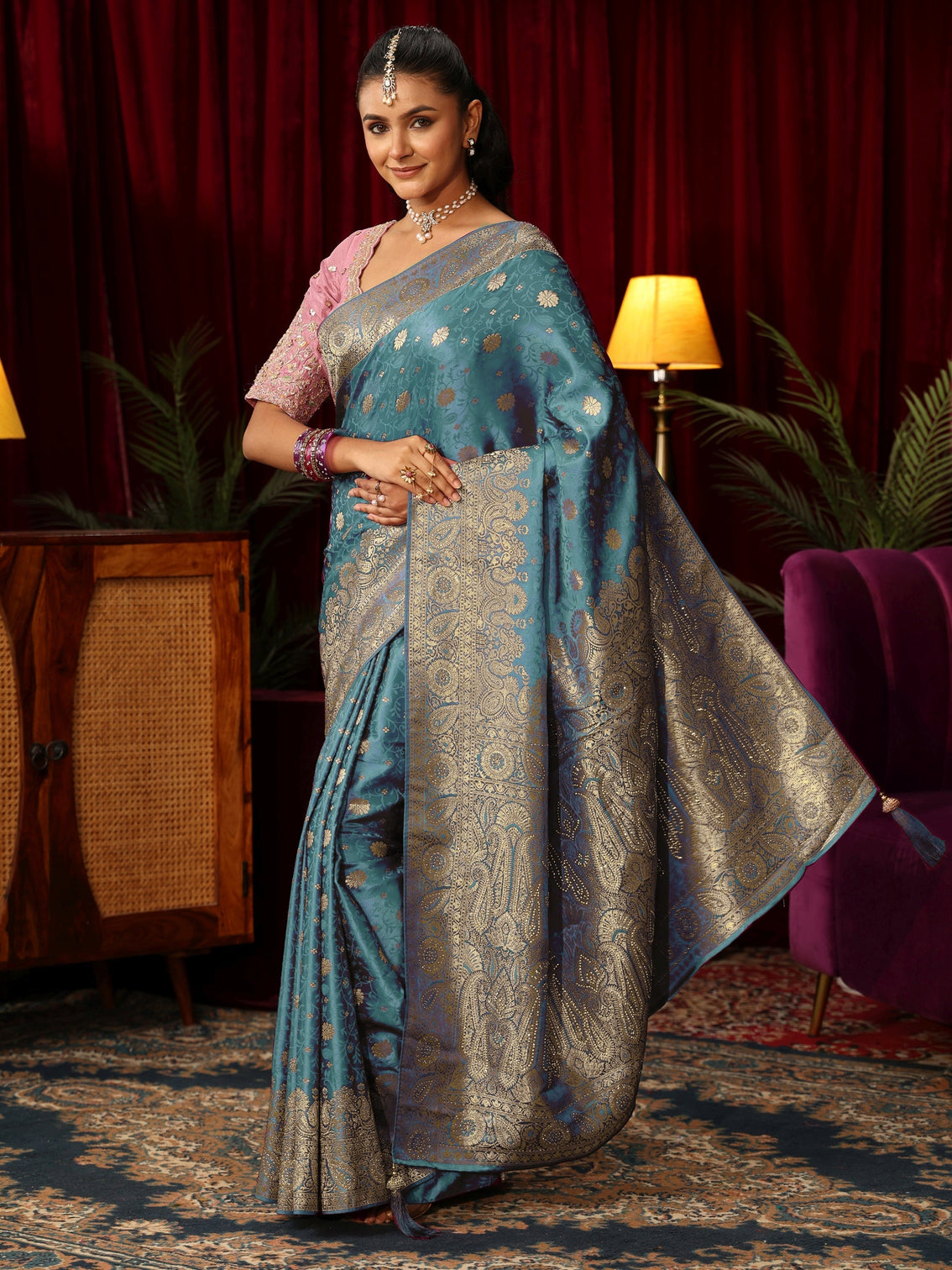 Mameraa Blue Woven Design Silk Blend Saree with Stone Work