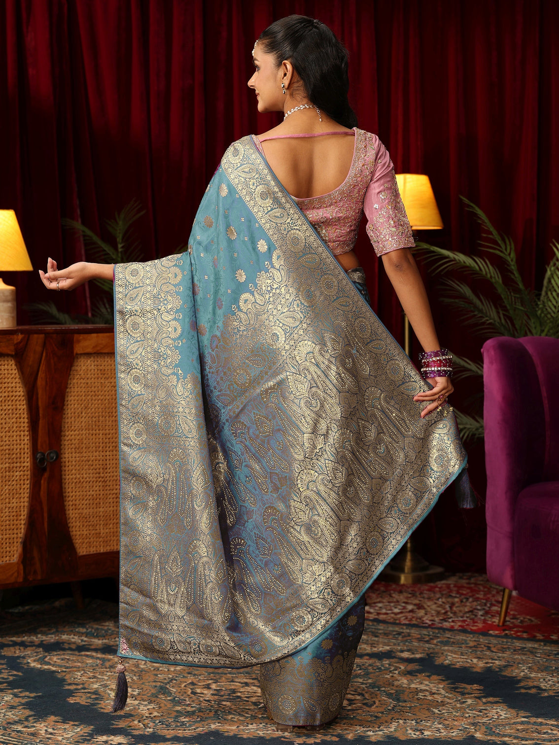 Mameraa Blue Woven Design Silk Blend Saree with Stone Work