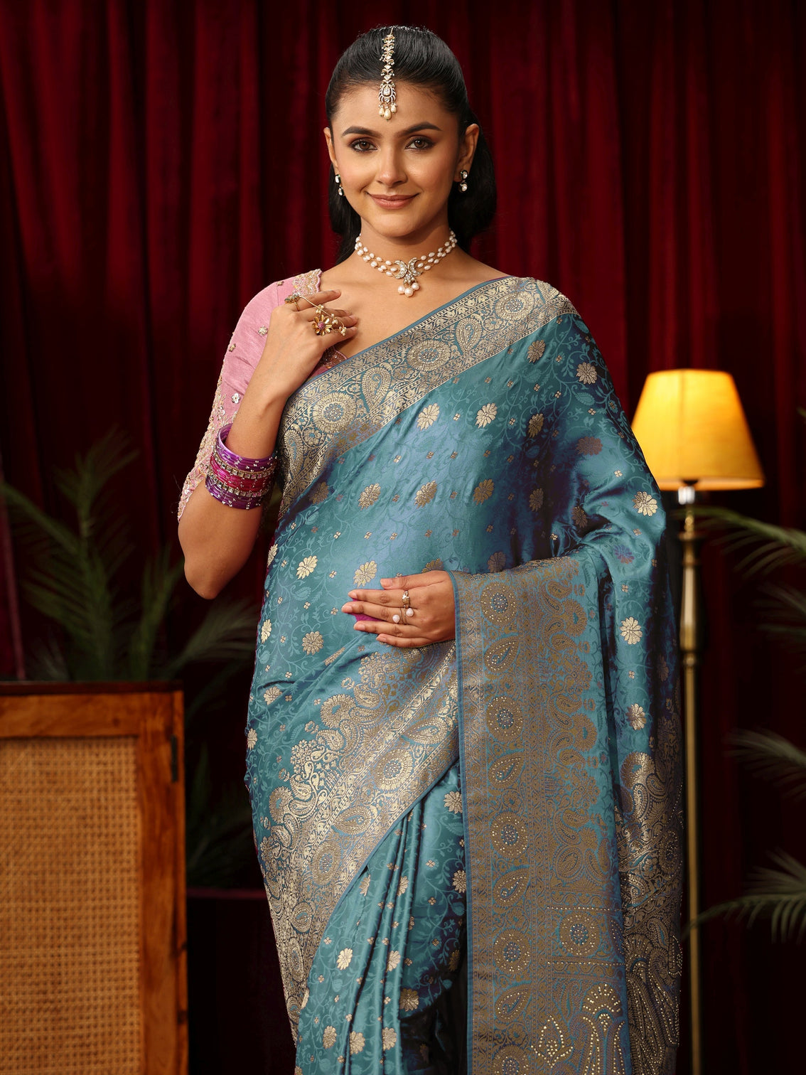 Mameraa Blue Woven Design Silk Blend Saree with Stone Work