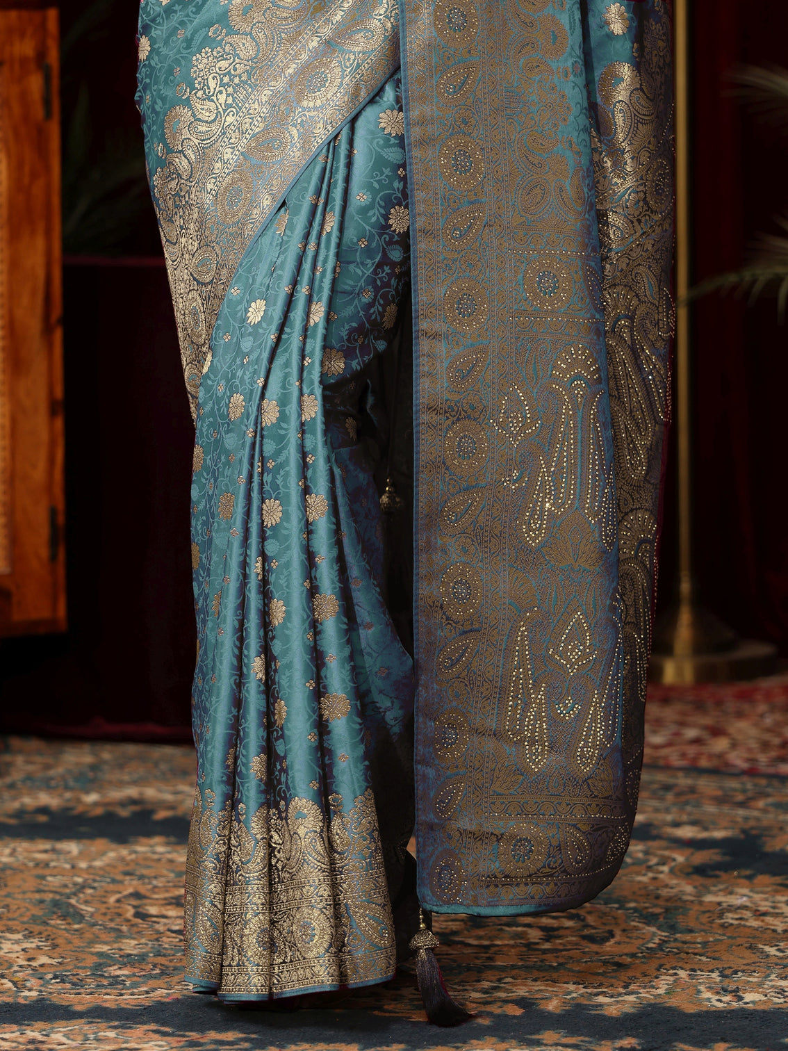 Mameraa Blue Woven Design Silk Blend Saree with Stone Work