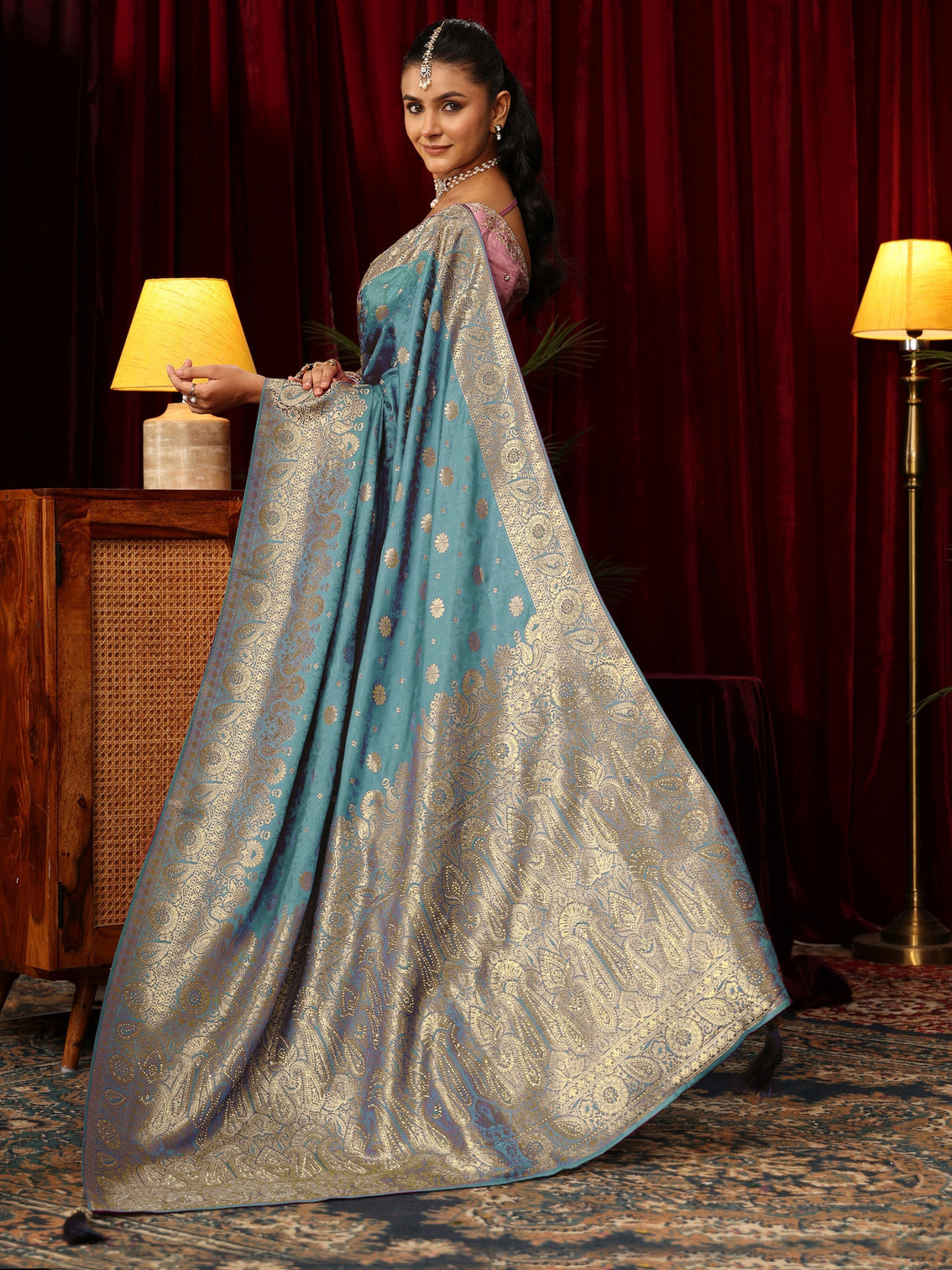 Mameraa Blue Woven Design Silk Blend Saree with Stone Work