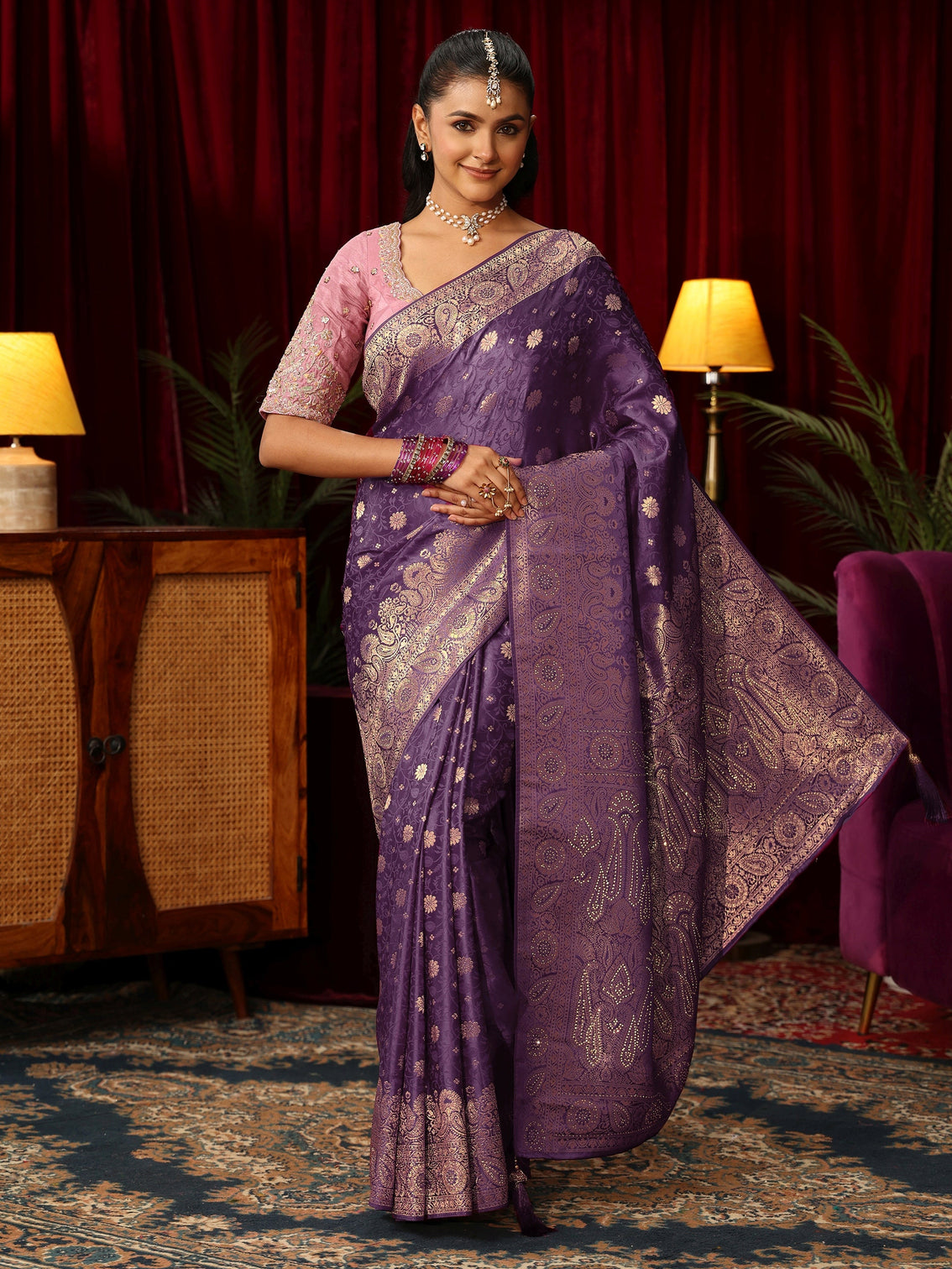 Mameraa Royal Purple Woven Silk Blend Saree with Stone Work