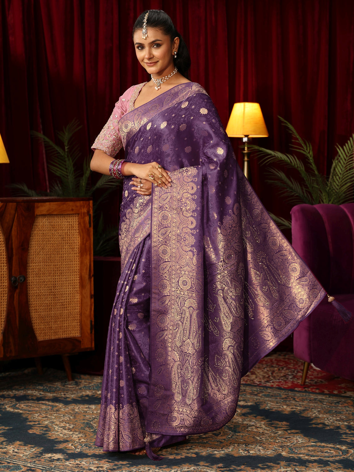 Mameraa Royal Purple Woven Silk Blend Saree with Stone Work