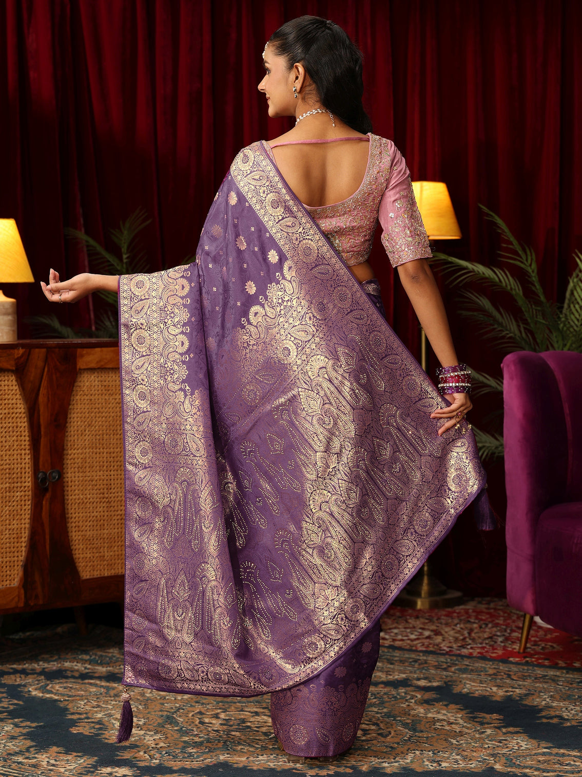 Mameraa Royal Purple Woven Silk Blend Saree with Stone Work