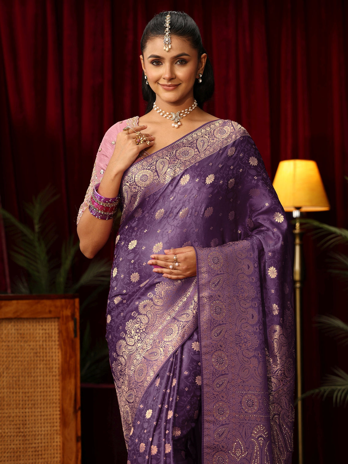 Mameraa Purple Woven Design Silk Blend Saree with Stone Work