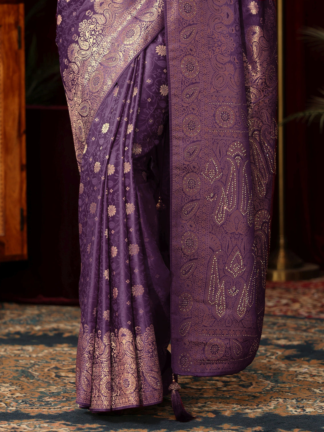 Mameraa Purple Woven Design Silk Blend Saree with Stone Work