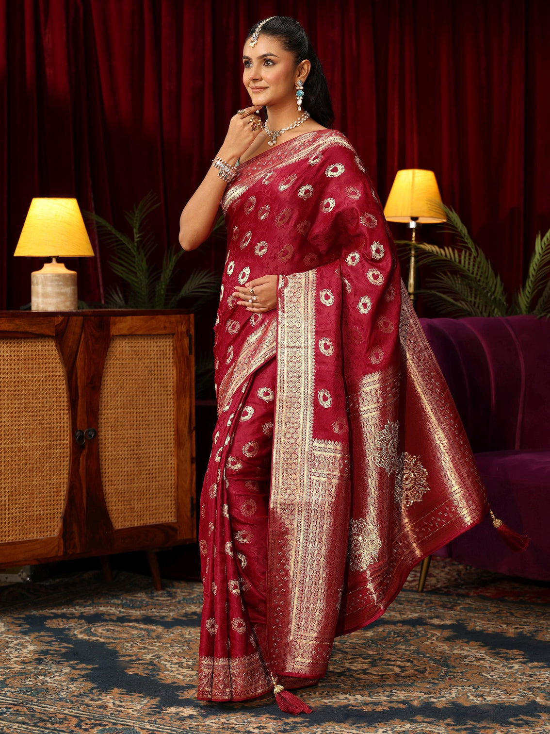 Mameraa Ruby Red Floral Woven Design Satin Saree with Stone Work