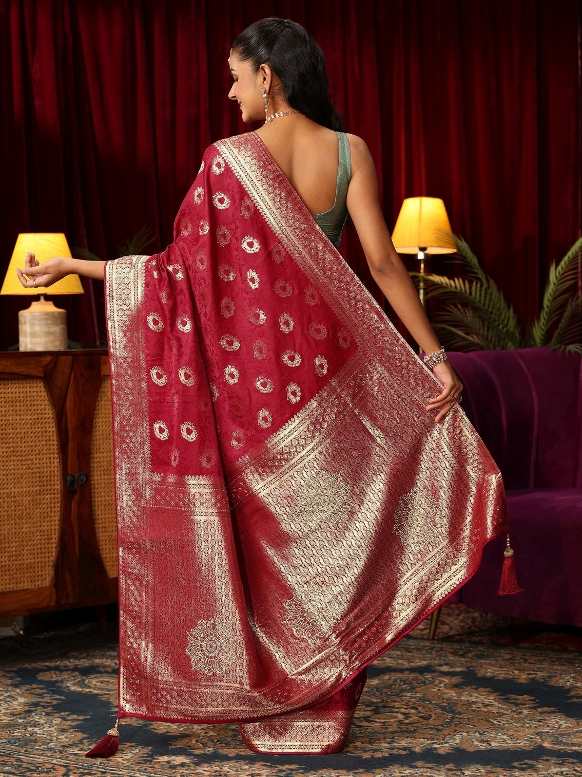 Mameraa Ruby Red Floral Woven Design Satin Saree with Stone Work