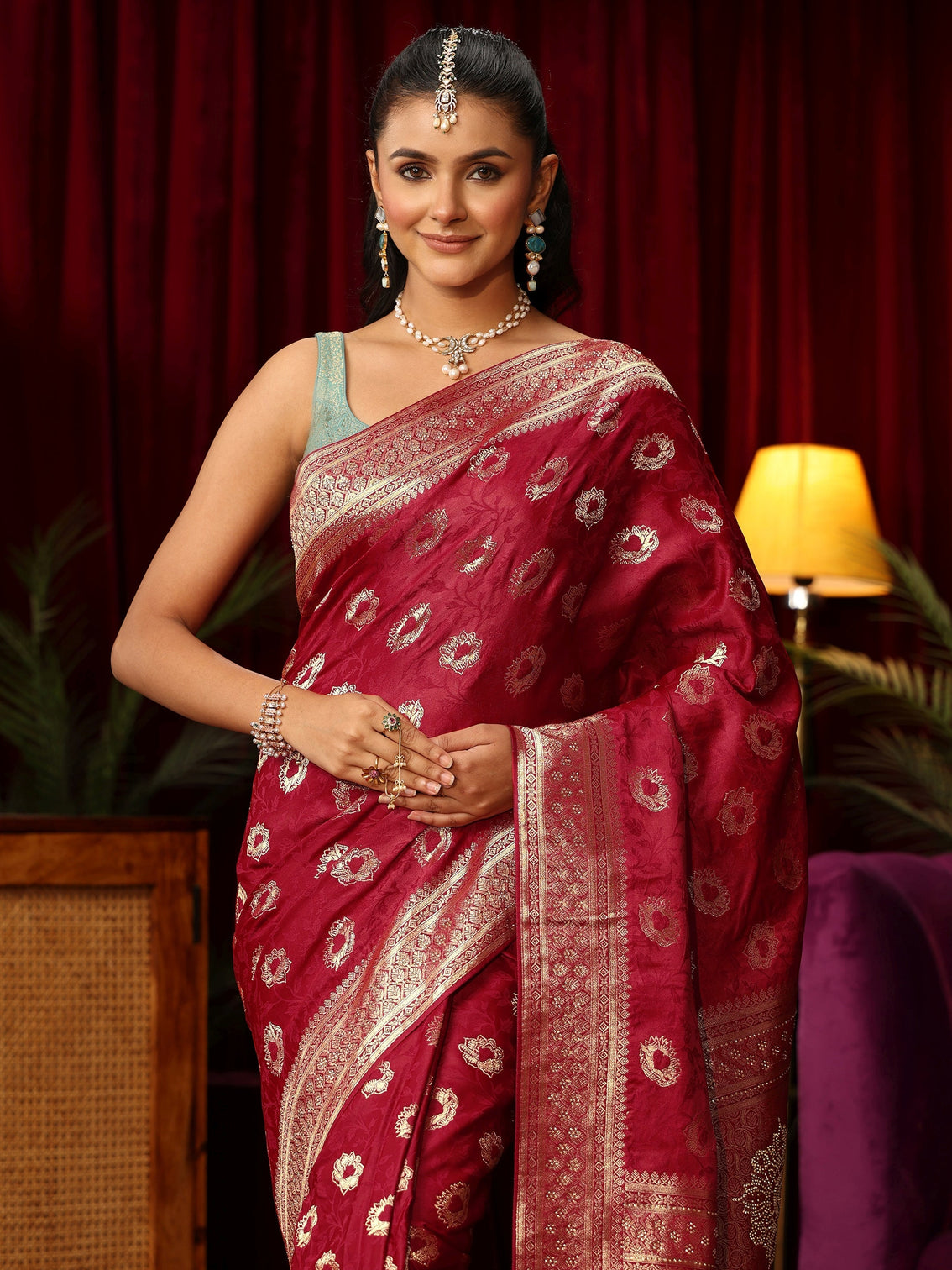 Mameraa Ruby Red Floral Woven Design Satin Saree with Stone Work