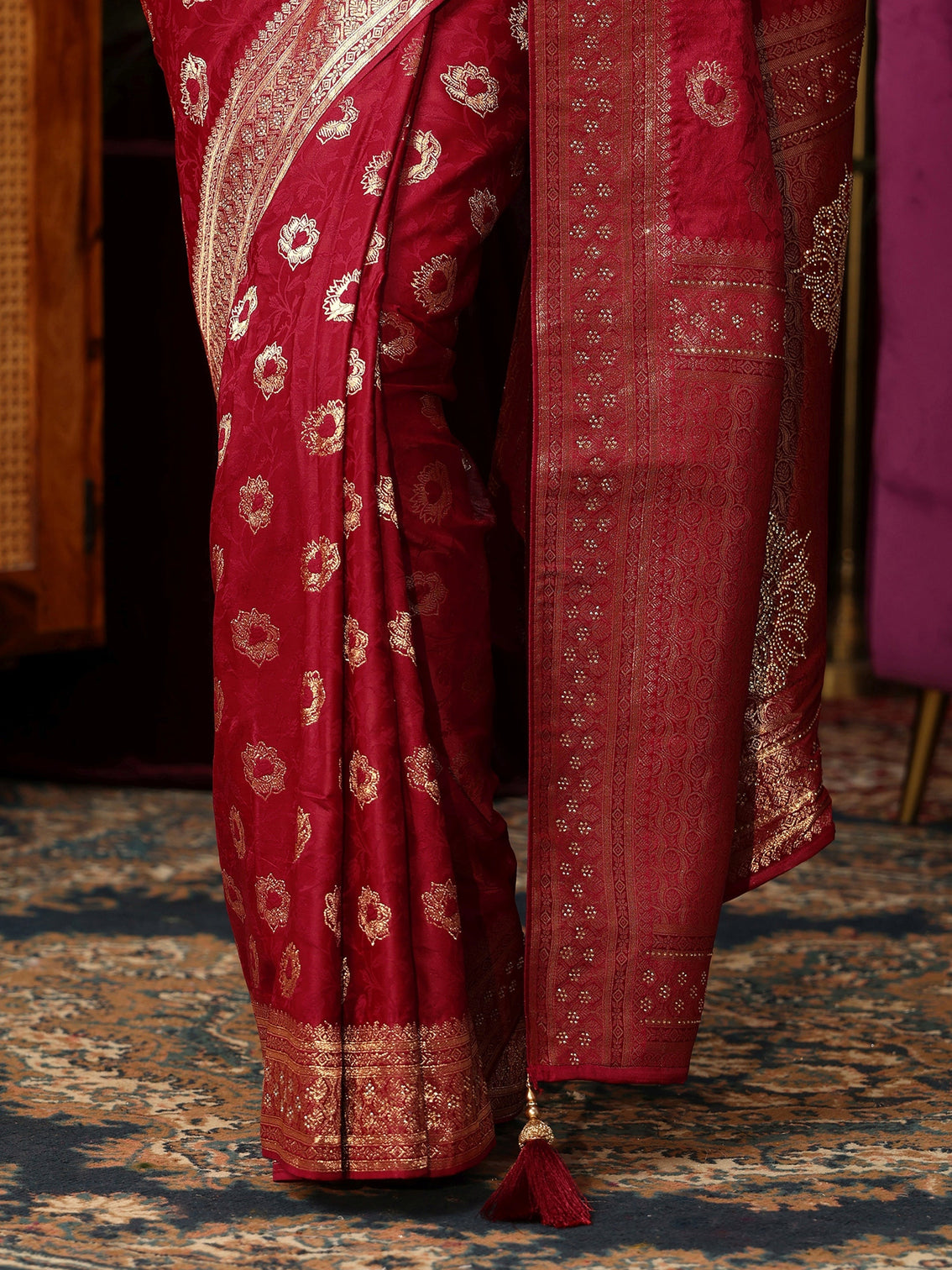 Mameraa Ruby Red Floral Woven Design Satin Saree with Stone Work