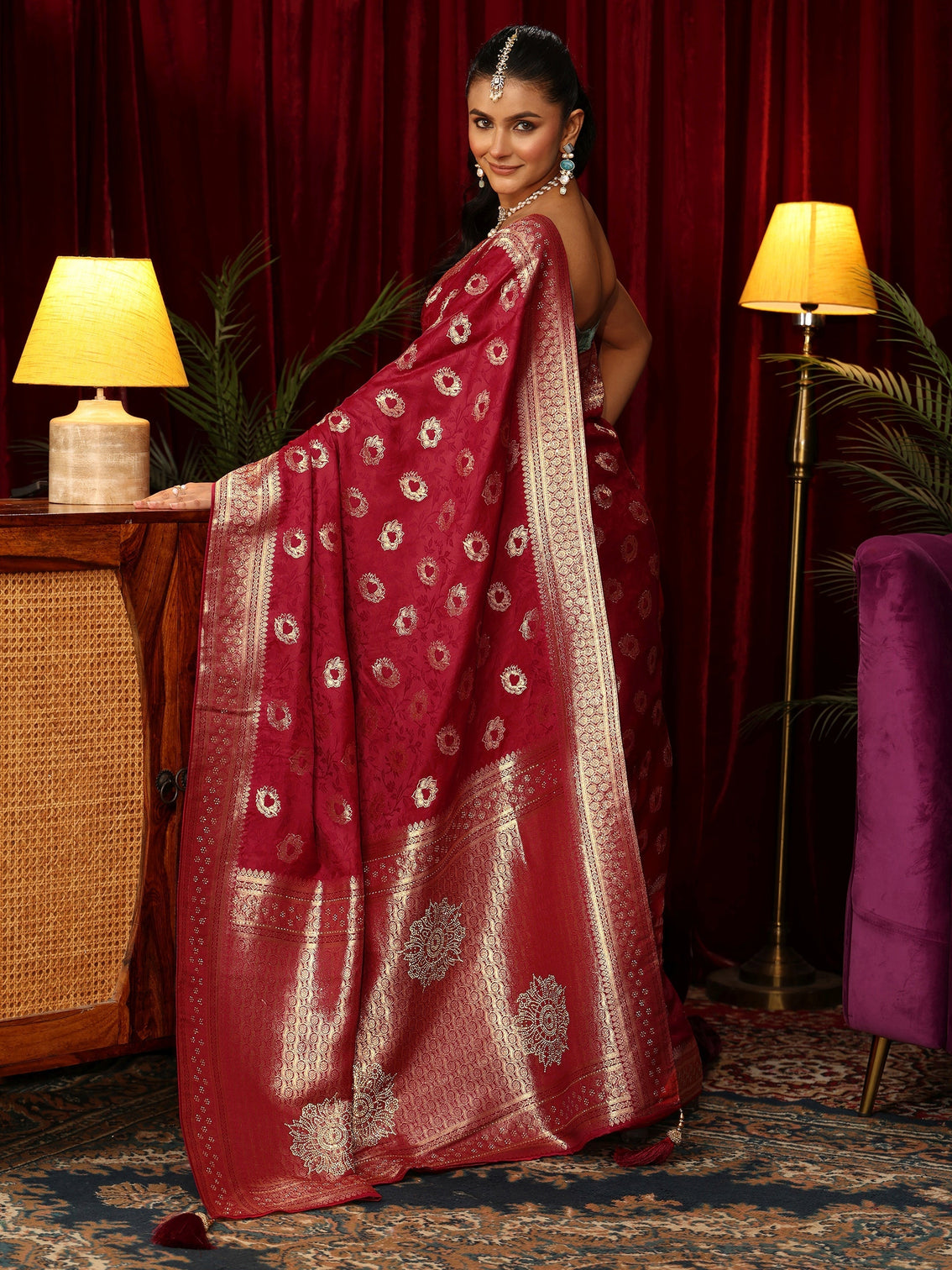 Mameraa Ruby Red Floral Woven Design Satin Saree with Stone Work