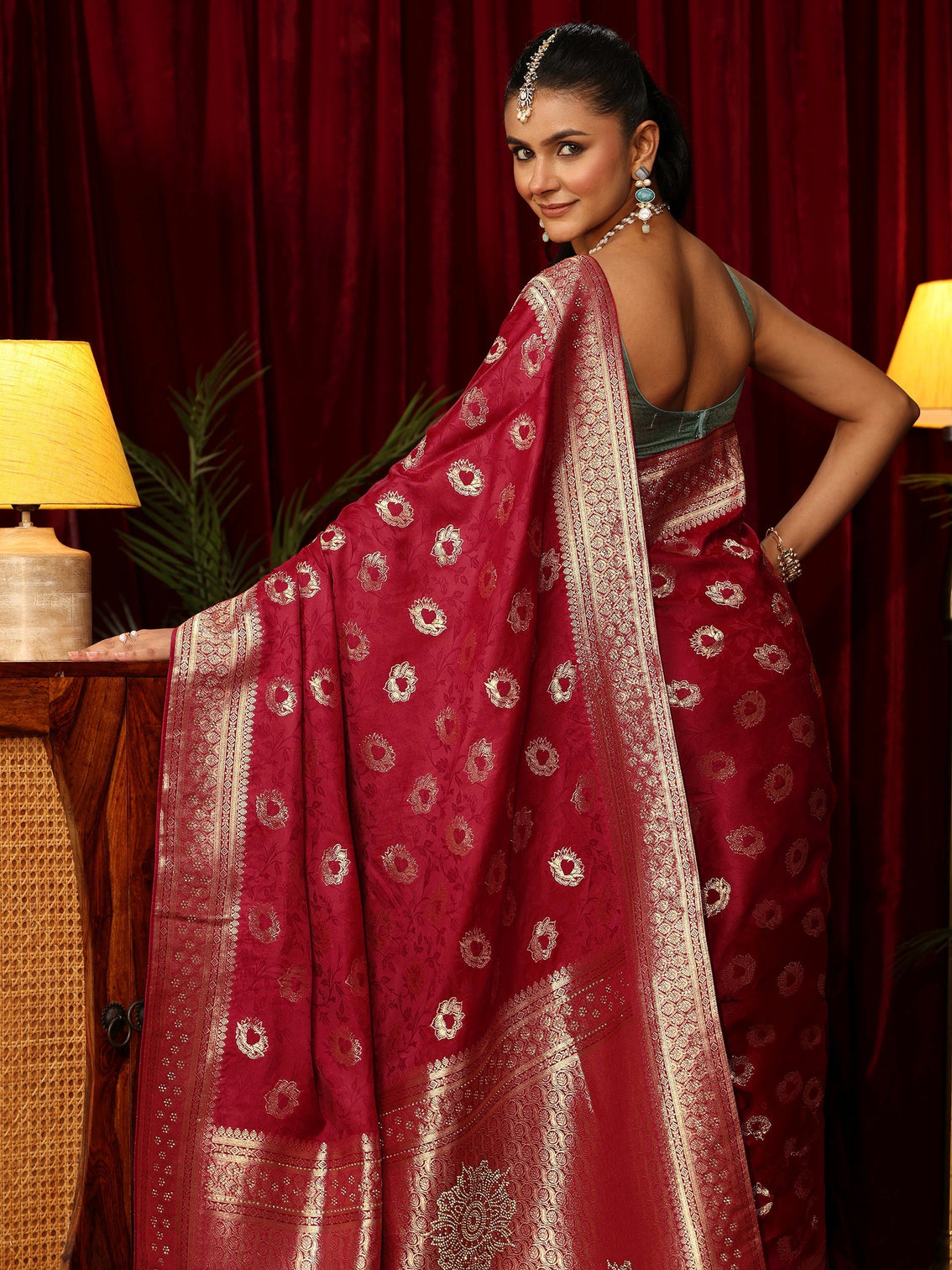 Mameraa Ruby Red Floral Woven Design Satin Saree with Stone Work