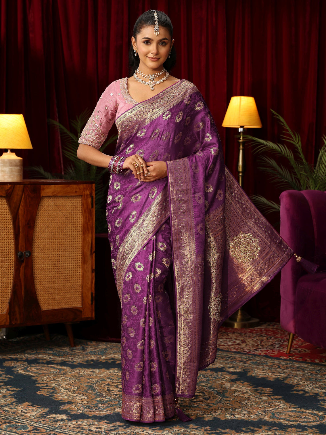 Mameraa Plum Purple Floral Woven Design Satin Saree with Stone Work