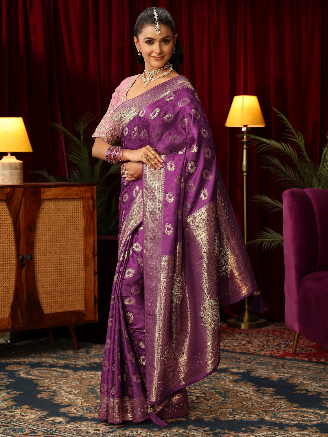 Mameraa Plum Purple Floral Woven Design Satin Saree with Stone Work