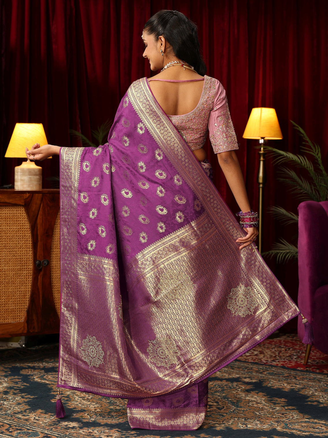 Mameraa Plum Purple Floral Woven Design Satin Saree with Stone Work
