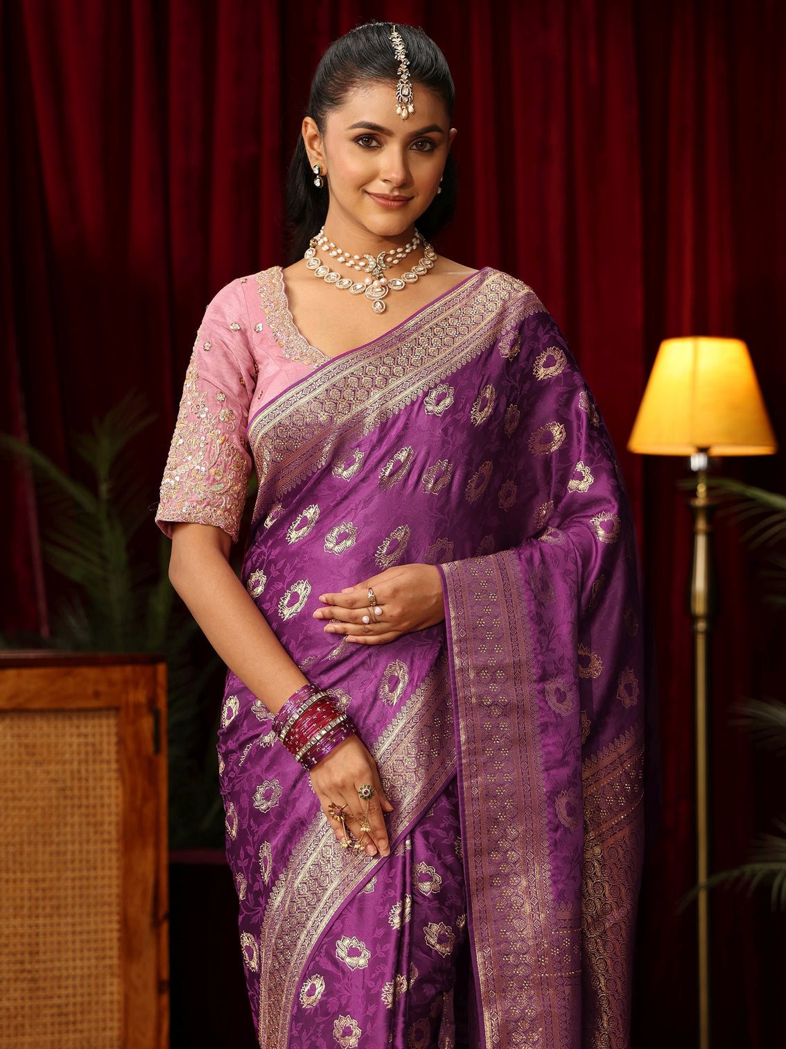 Mameraa Plum Purple Floral Woven Design Satin Saree with Stone Work