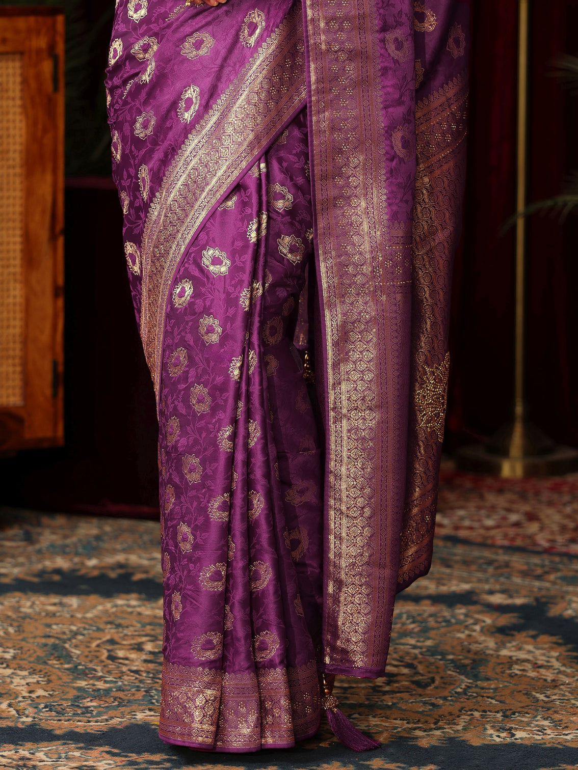 Mameraa Plum Purple Floral Woven Design Satin Saree with Stone Work