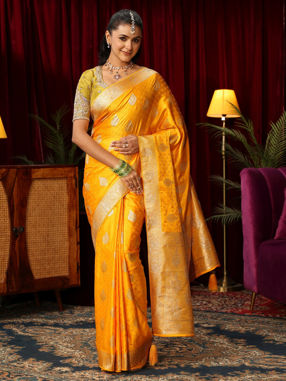Mameraa Yellow Woven Design Satin Saree with Stone Work