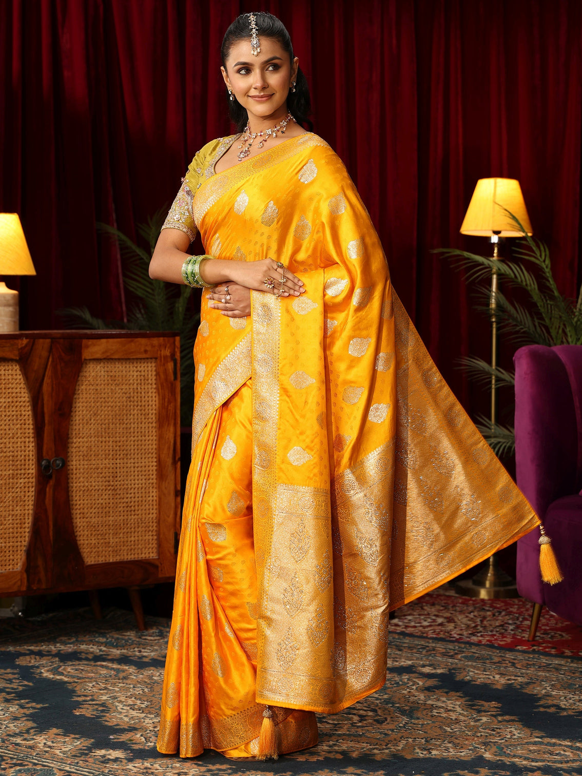Mameraa Yellow Woven Design Satin Saree with Stone Work