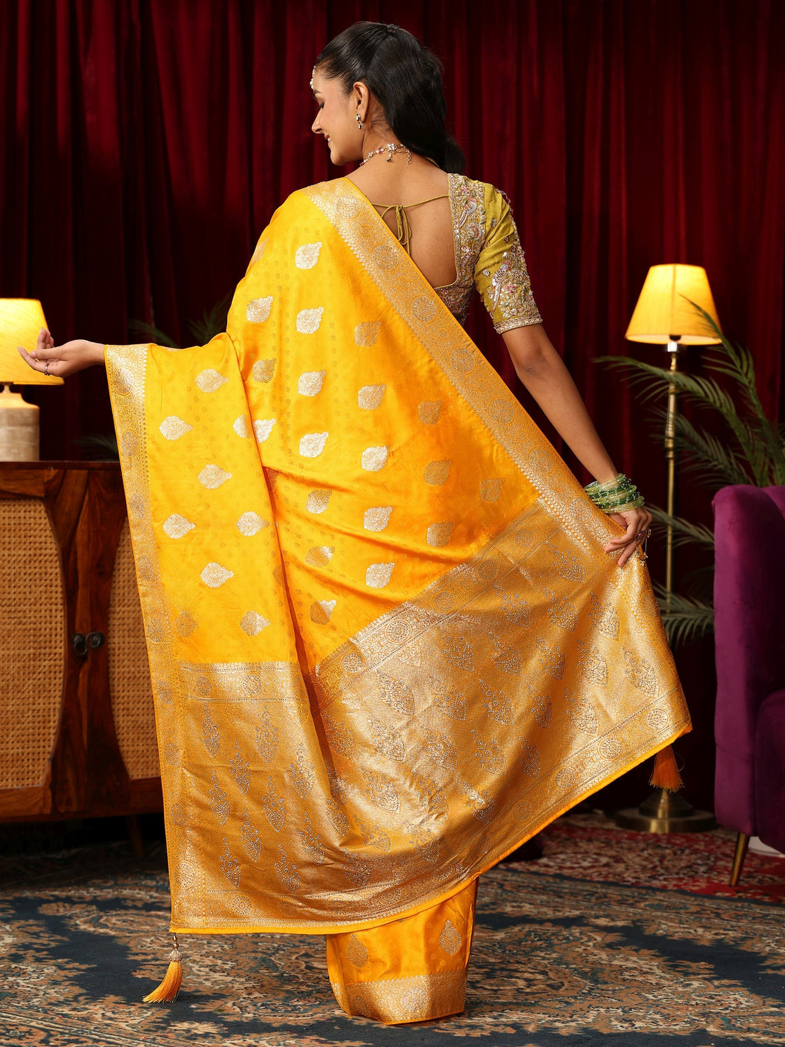 Mameraa Yellow Woven Design Satin Saree with Stone Work