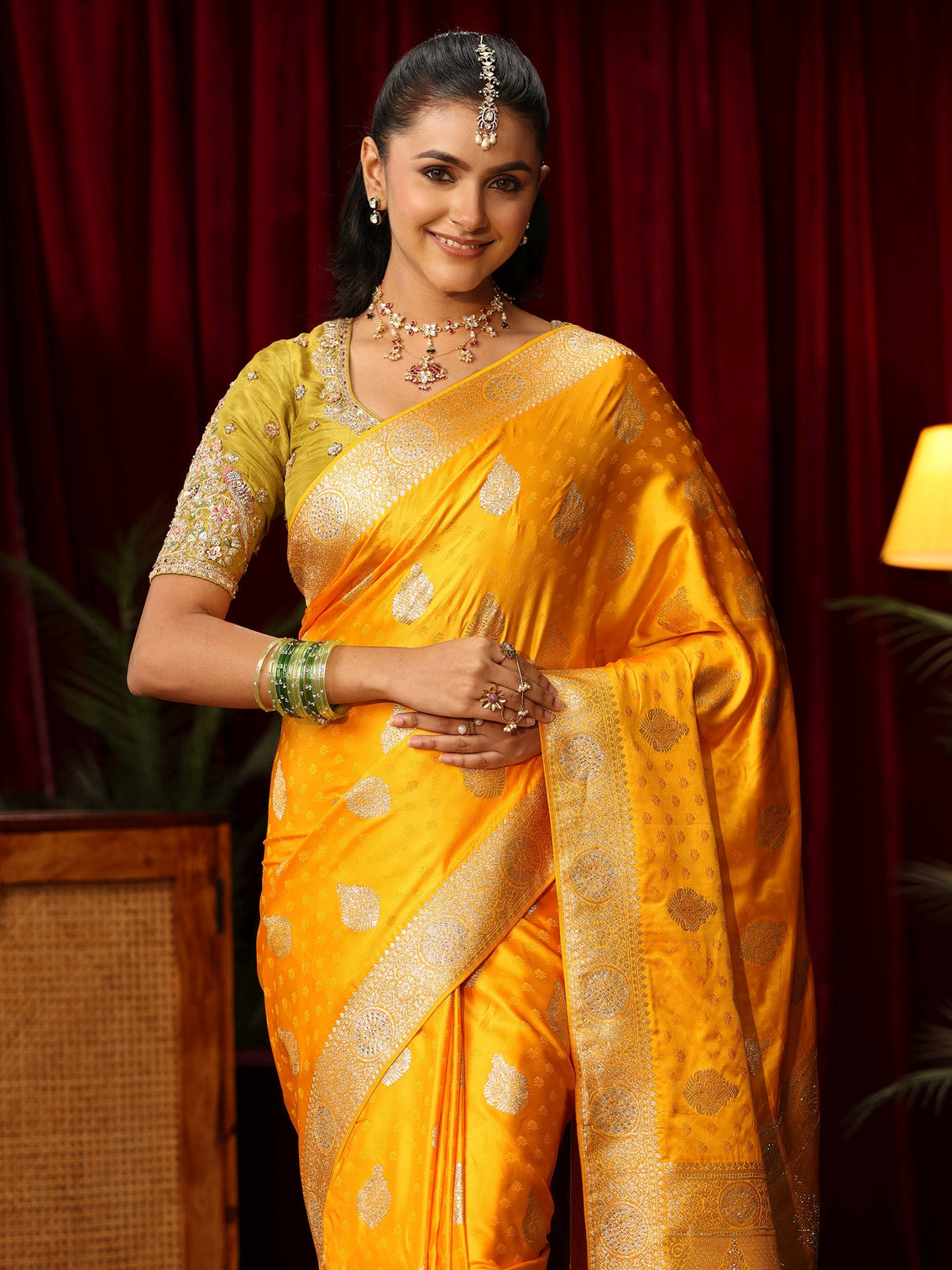 Mameraa Yellow Woven Design Satin Saree with Stone Work