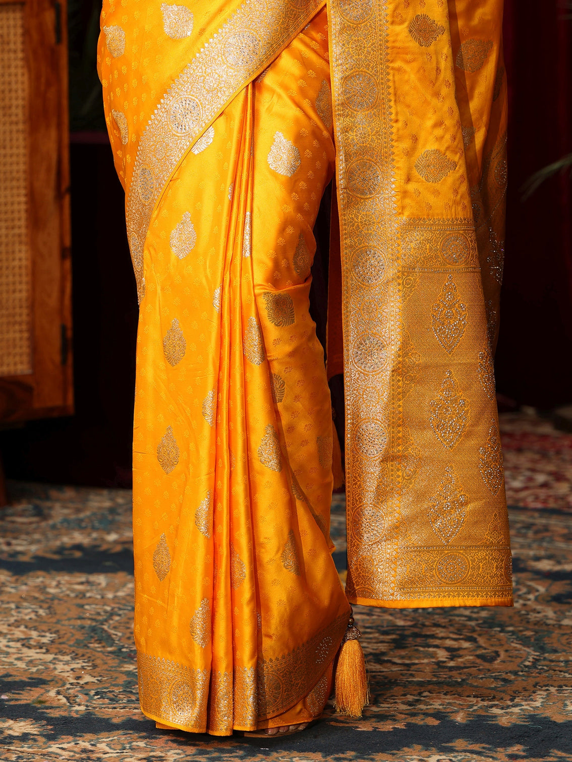 Mameraa Yellow Woven Design Satin Saree with Stone Work