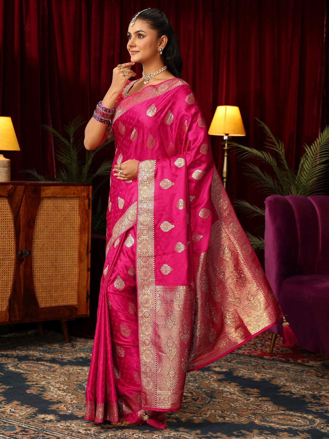 Mameraa Rani Pink Woven Design Satin Saree with Stone Work