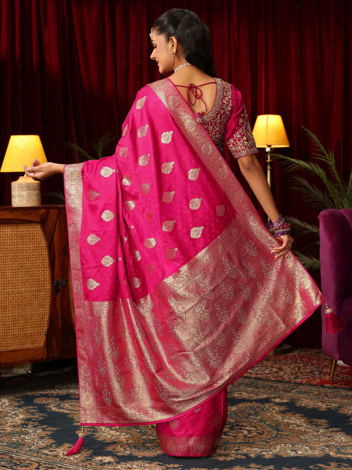 Mameraa Rani Pink Woven Design Satin Saree with Stone Work