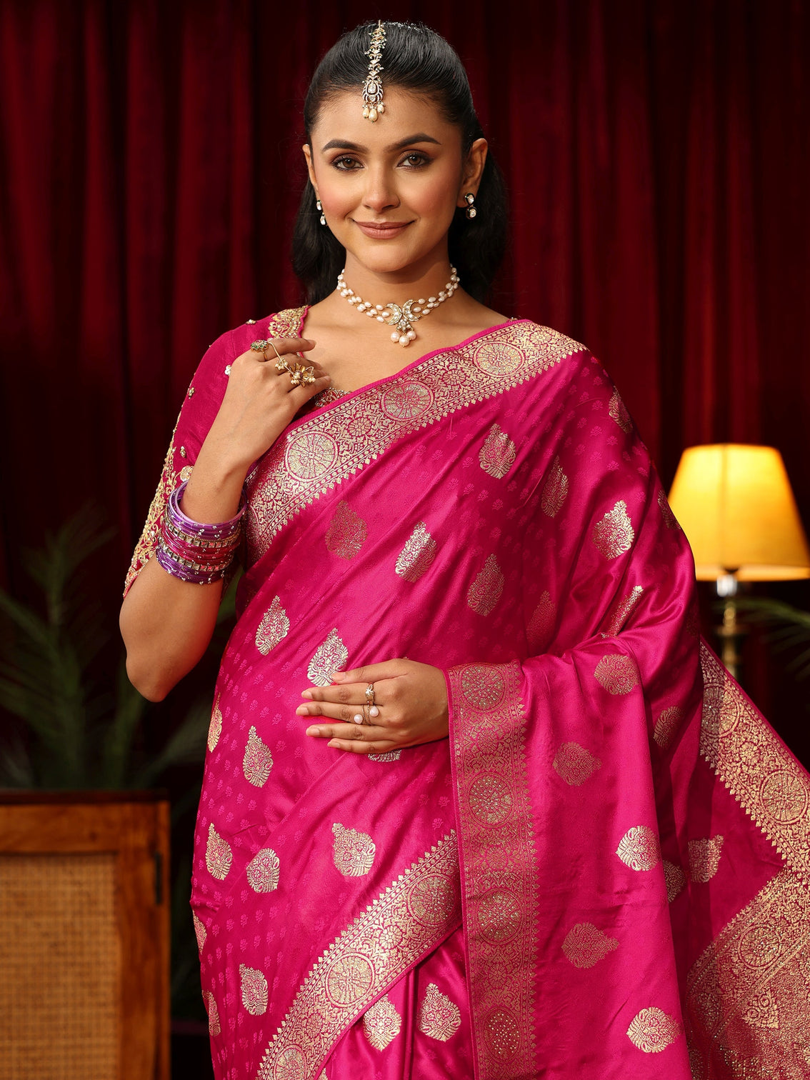 Mameraa Rani Pink Woven Design Satin Saree with Stone Work