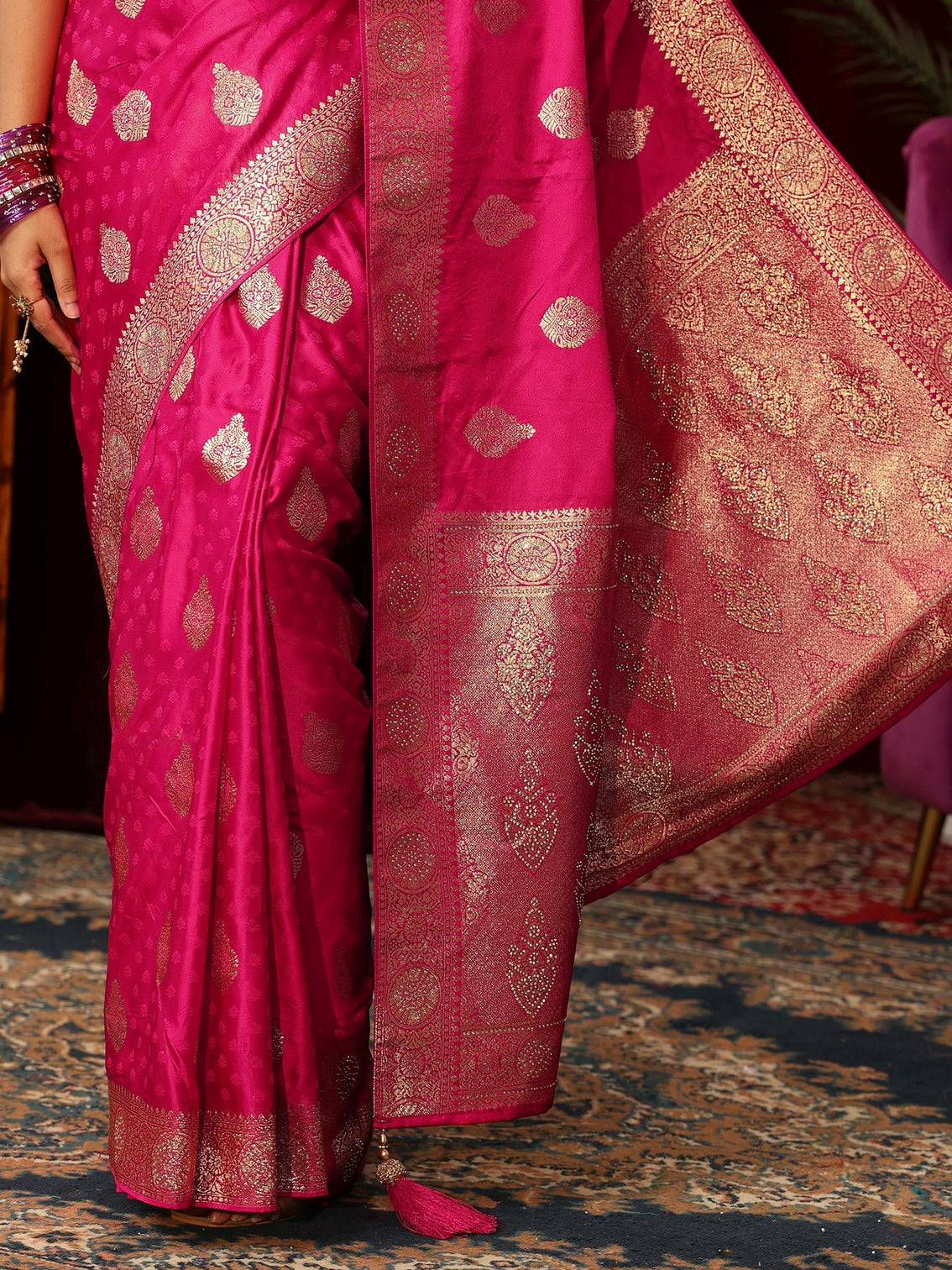 Mameraa Rani Pink Woven Design Satin Saree with Stone Work