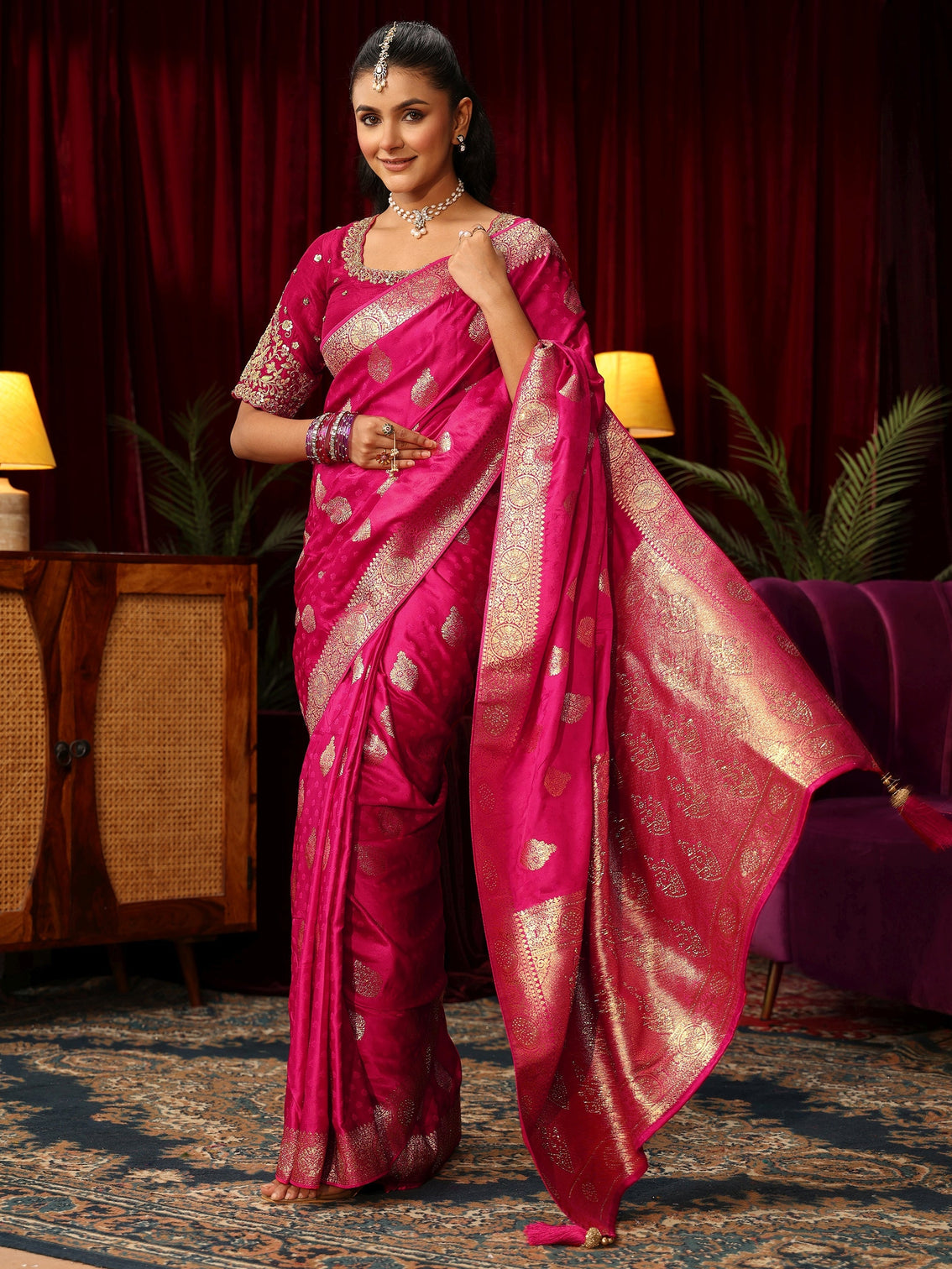 Mameraa Rani Pink Woven Design Satin Saree with Stone Work