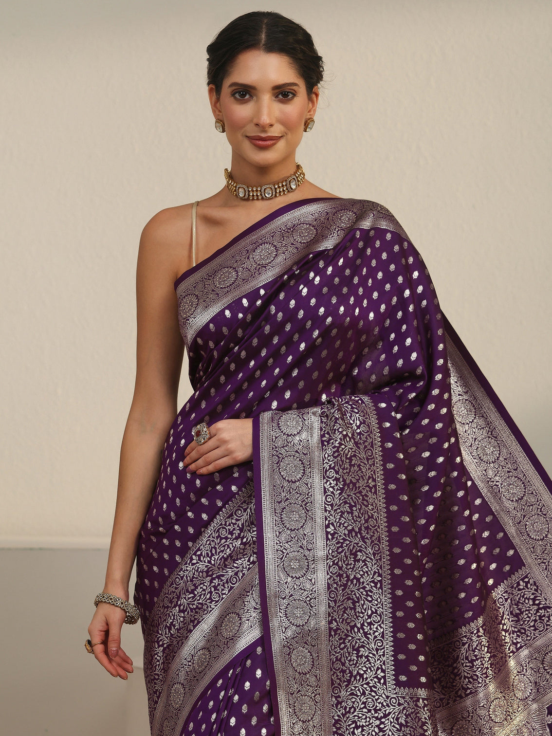 Mameraa Dark Purple Banarasi Silk Blend Saree
