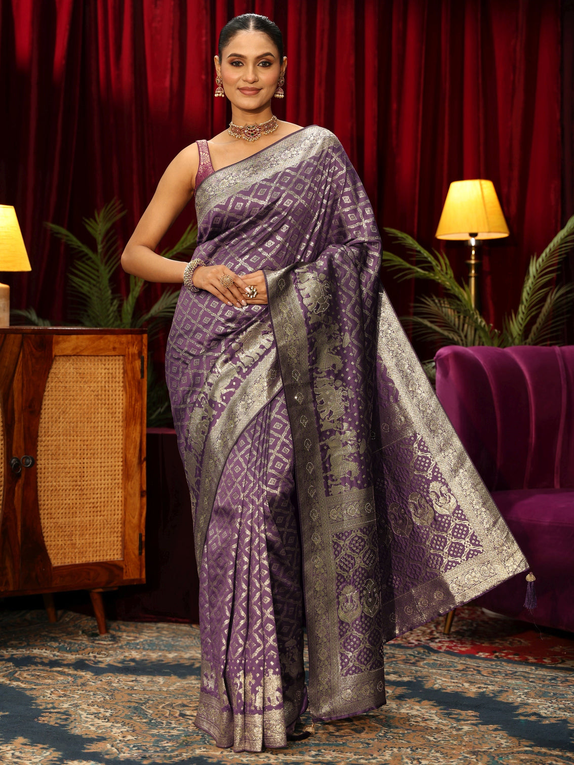 Mameraa Purple Geometric Woven Design Silk Blend Saree