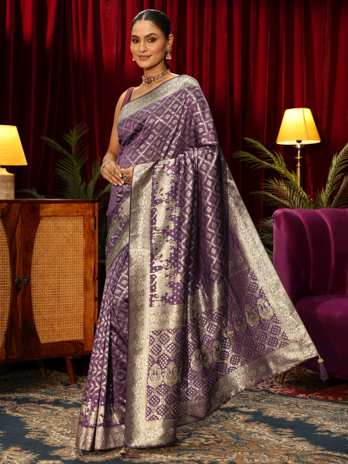 Mameraa Purple Geometric Woven Design Silk Blend Saree