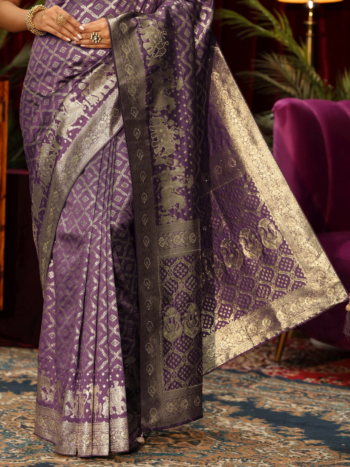 Mameraa Purple Geometric Woven Design Silk Blend Saree