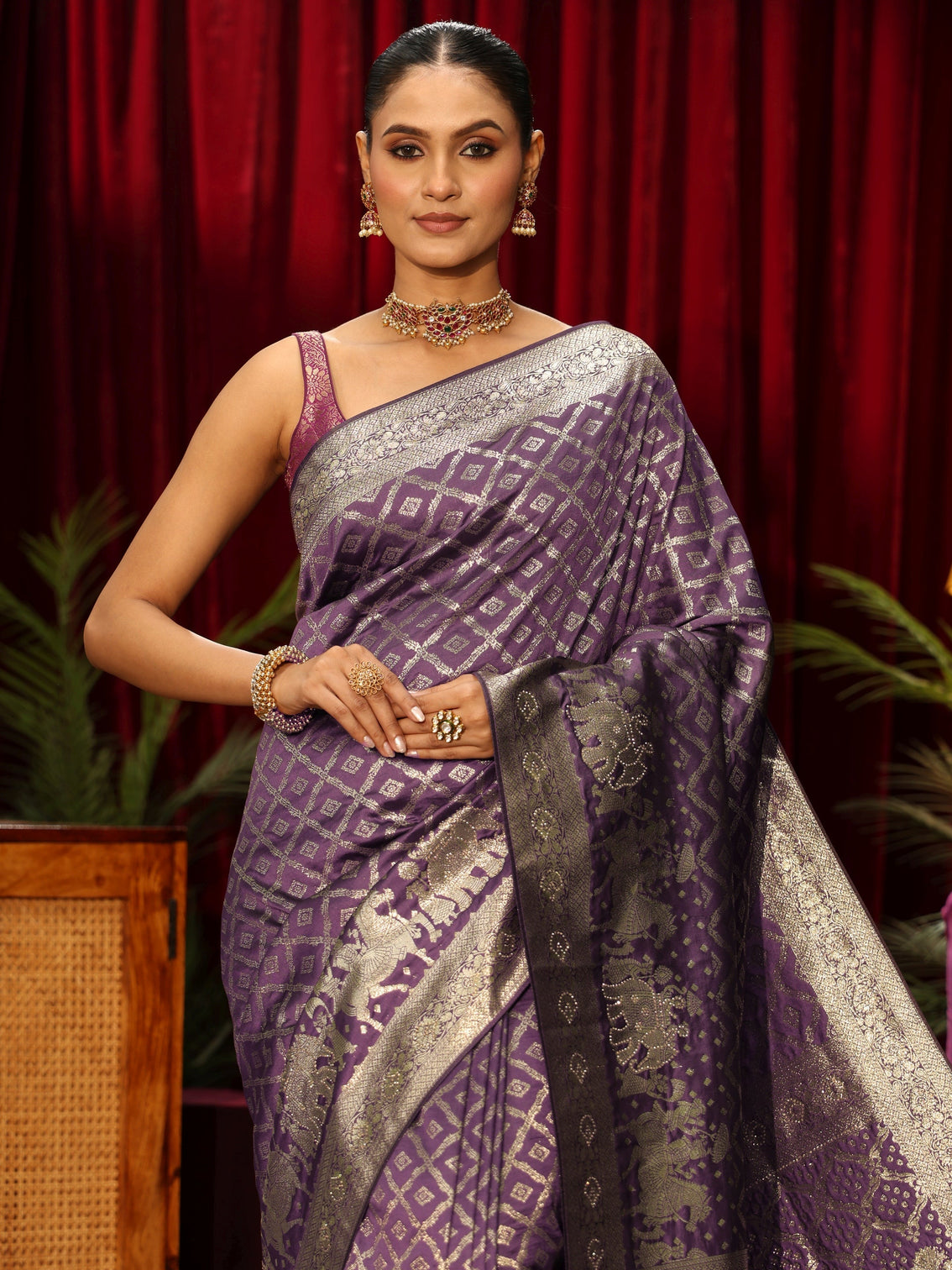 Mameraa Purple Geometric Woven Design Silk Blend Saree