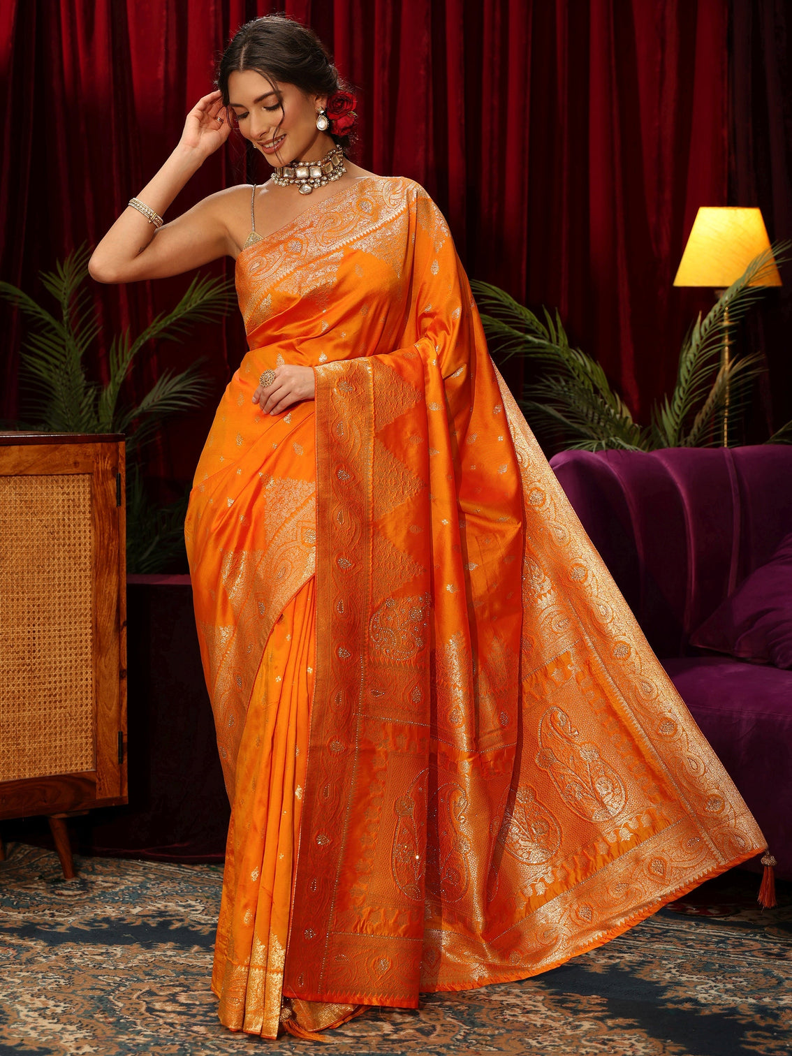 Mameraa Orange Banarasi Silk Blend Saree