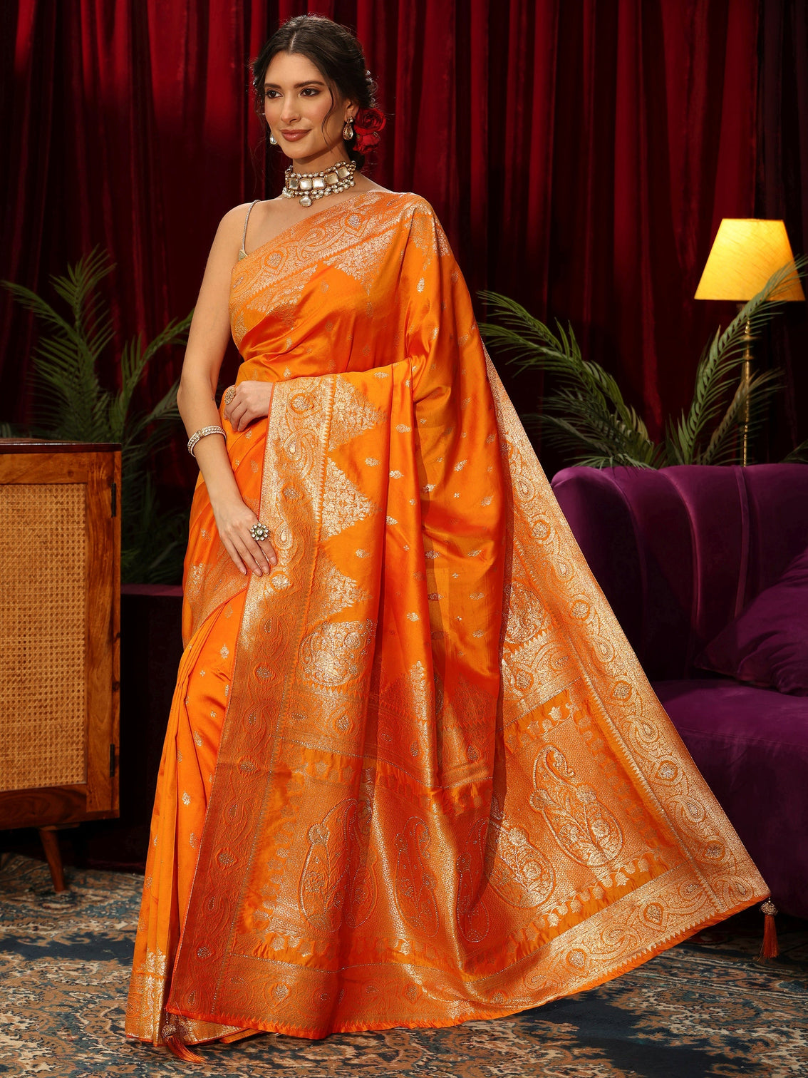 Mameraa Orange Banarasi Silk Blend Saree