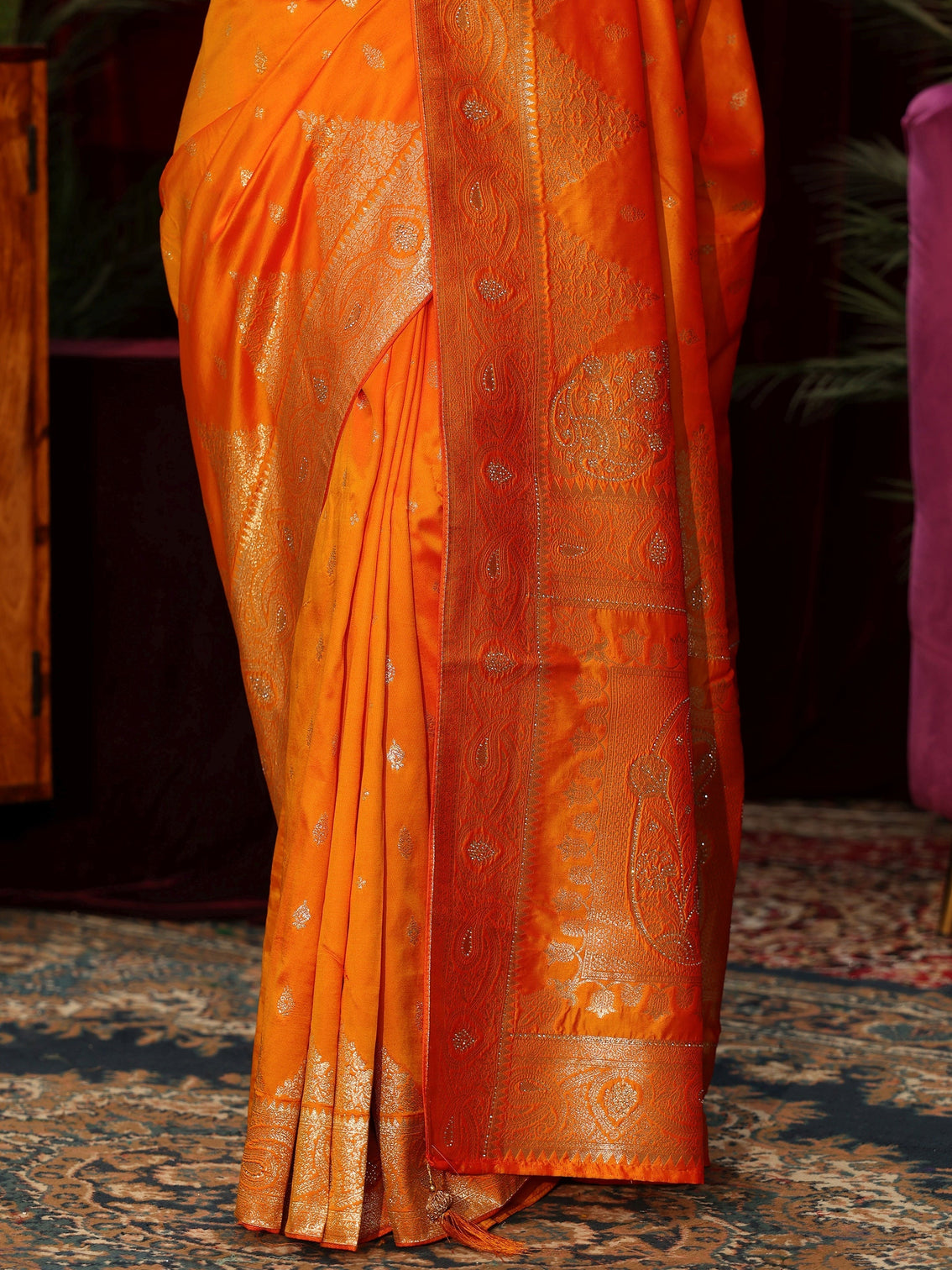 Mameraa Orange Banarasi Silk Blend Saree