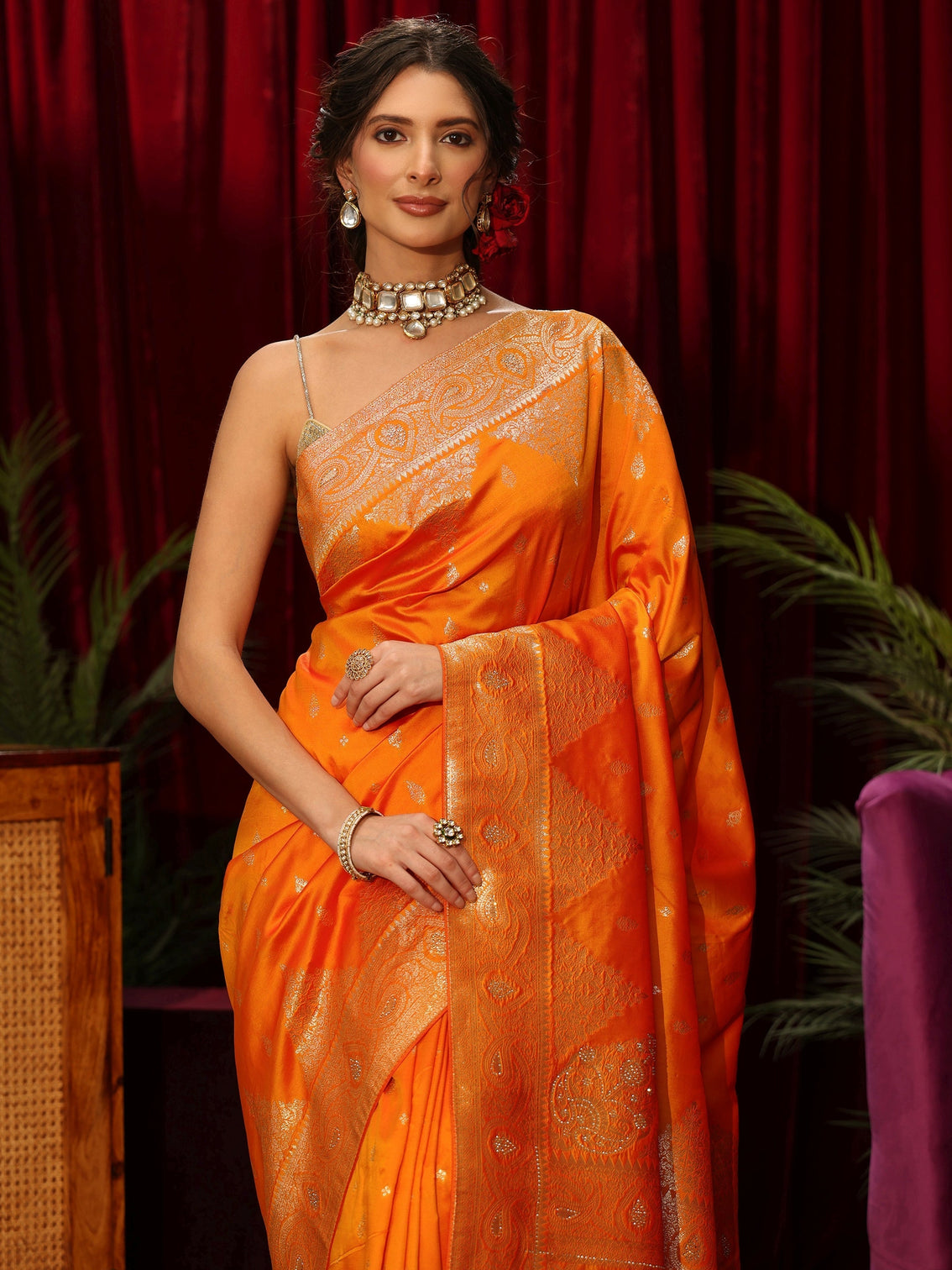 Mameraa Orange Banarasi Silk Blend Saree